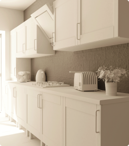 A modern kitchen with white cabinets and a dark backsplash, representing a high-value area of the home where a thorough inspection is critical.