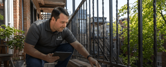 Mose home inspector crouching on a Montreal balcony, holding a tablet and pointing at the wooden ledge while examining the metal railing