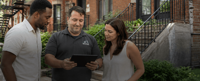 Mose home inspector walking with buyers on a Montreal residential street, reviewing property notes on a tablet