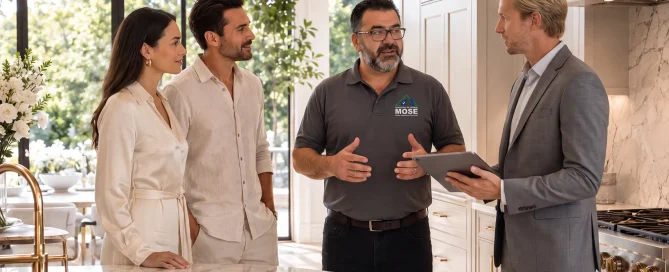 Mose home inspector reviewing inspection findings with a real estate broker and buyers in a modern Montreal kitchen