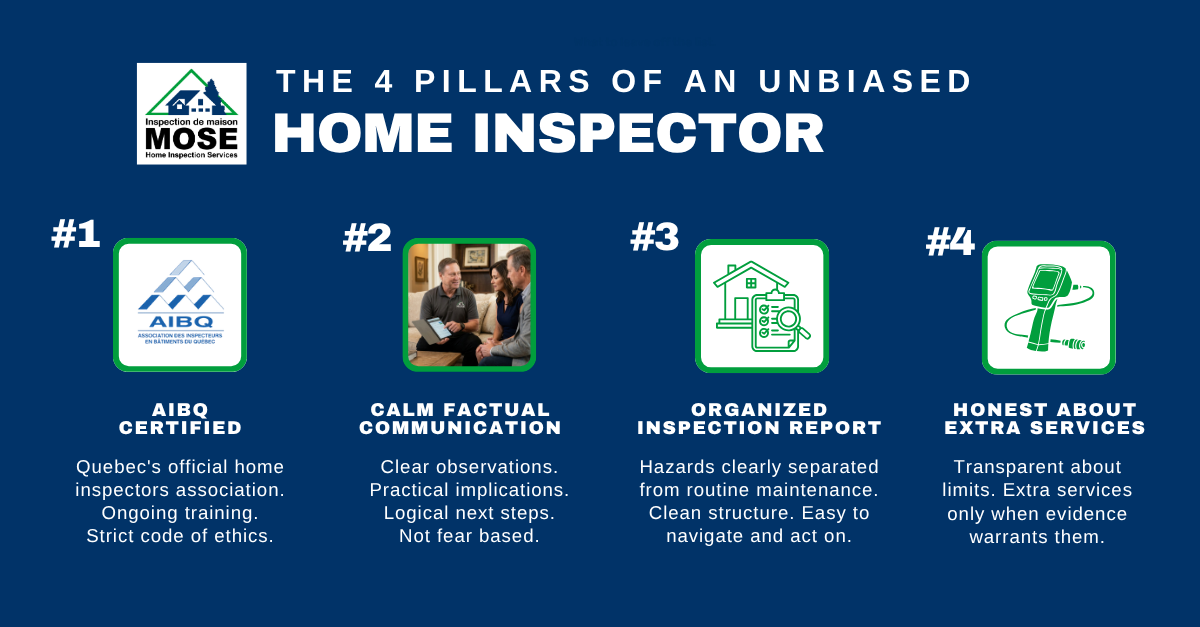 MHIS-4-Pillars-Unbiased-Home-Inspector-Infographic Infographic showing the 4 pillars of an unbiased home inspector: AIBQ certified, clear communication, organized report, and honest service — Mose Home Inspection Services Montreal
