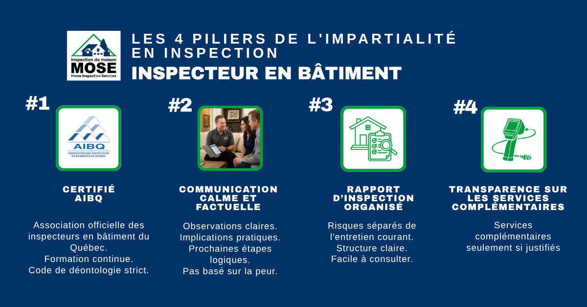 Infographie sur l’inspecteur à domicile impartial en 4 piliers du MOSE Infographie sur les 4 piliers d'un inspecteur en bâtiment impartial — certifié AIBQ, Mose Home Inspection Services Montréal