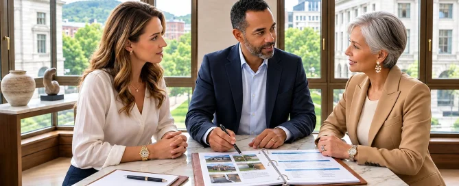 Buyer and real estate agent reviewing a home inspection report with the seller at a table — negotiating repairs after a home inspection to keep the sale on track